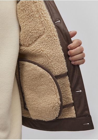 Mavi - Suni Kürk Detaylı Kahverengi Suni Deri Ceket 0110460-71603 Kahverengi