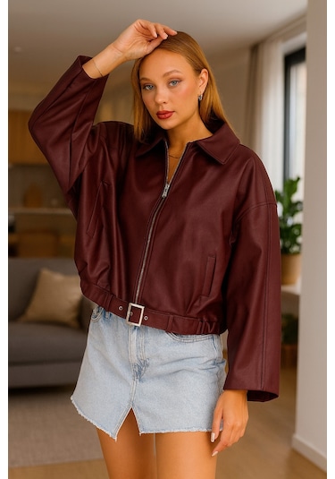 Prifaldi Oversize Bomber Deri Ceket Bordo