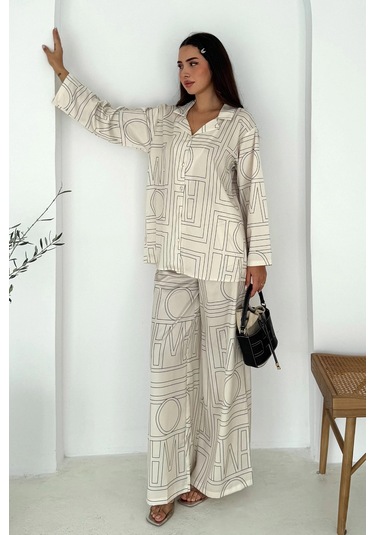 Geometrik Desen Modal Saten Takım Beyaz Beyaz