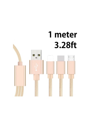Hombey 3 Cihazı Aynı Anda Şarj Edebilen 1 Metre Uzunlukta 2a Type-c/lightning/micro Usb Altın Nylon Kablosu Kutu Paketli