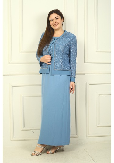 Kadın Boncuk Pul İşlemeli Tül Ceket Yarım Ay Kollu Uzun Elbise Astarlı Büyük Beden 2'li Takım İndigo Kadın Boncuk Pul İşlemeli Tül Ceket Yarım Ay Kollu Uzun Elbise Astarlı Büyük Beden 2'li Takım İndigo