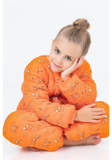Kız Erkek Çocuk Kalın Elyaf Dolgulu Premium Kalite 2.5 Tog Desenli Uyku Tulumu Turuncu