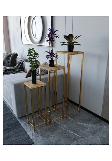 Dekoratif Saksılık 3lü Saksı Standı Gold Ayak Çok Amaçlı Metal Gold Ayaklı Yan Sehpa Saksılık Atlantik Çam