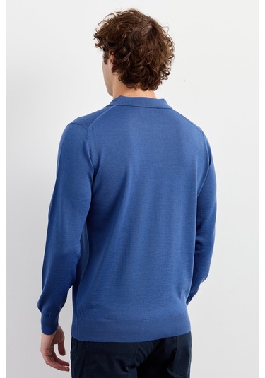 Erkek Basic Polo Yaka İnce Triko Kazak İndigo İndigo