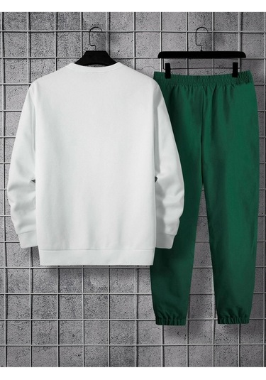 Nasa Unkown Eşofman Takımı Sweatshirt Jogger - Beyaz Nefti Yeşil Baskılı Şardonlu Bisiklet Yaka Beyaz Nefti Yeşil