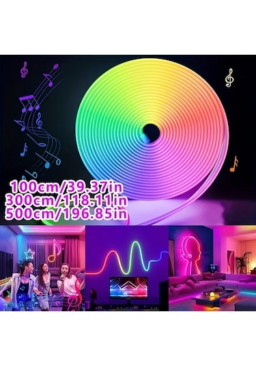 Globalbloom 39.37 İnç Usb Led Neon Işık Rgb Müzik Senkronizasyonlu 3 Tuş Kontrollü Dekoratif Aydınlatma 3 Tuşlu Düğme Kontrolü Boyut