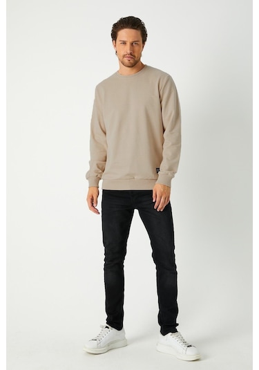 Mmetalic Erkek Basic Bisiklet Yaka Bej Weatshirt