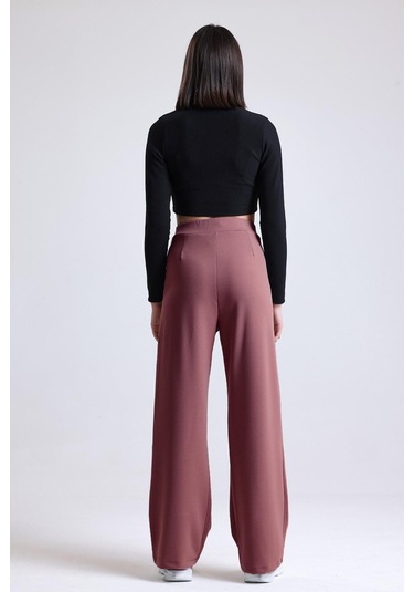 Kadın Wide Leg Likralı Cırt Kapamalı Lastikli Palazzo Pantolon - Vişne Çürüğü Gülkurusu