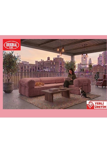 Herev Max 300x200 Kk Köşe Koltuk Takımı / Fitilli Kadife Kumaşlı Şark Köşe Pembe