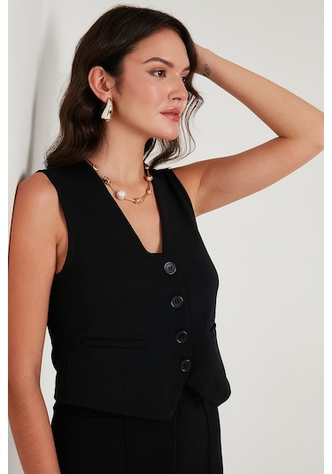 Lela Streç Fitted Fit V Yaka Düğmeli Bayan Yelek 5865971 Siyah