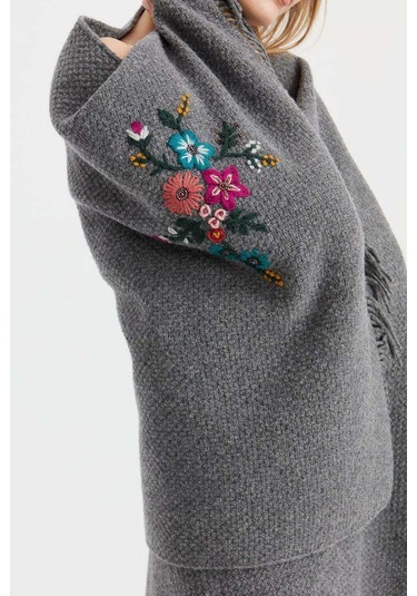 Desen Triko Kadın Triko Pirinç Örgü İşlemeli Yün Şal 23030 Füme