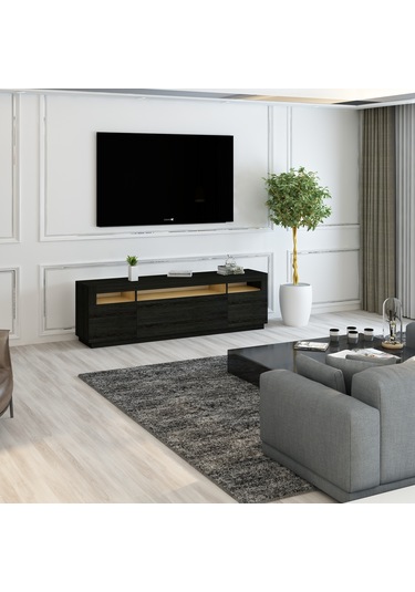 T005 Asil Led Işıklı Tv Sehpası Ahşap Siyah Siyah