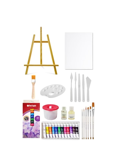 Yağlı Boya Seti 12x12 ml Şövale 25x35 Tuval Plastik Spatül