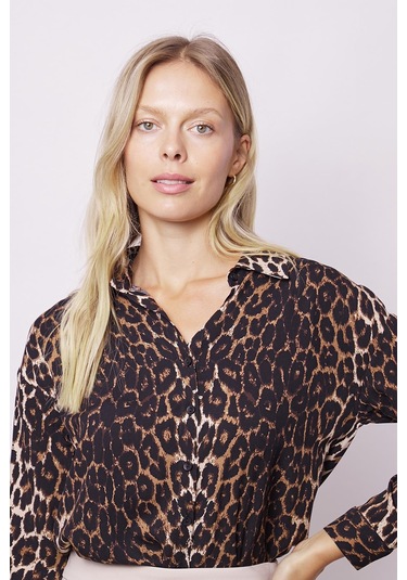 Kadın Likrasız Viskon Vual Desenli Yakalı Düşük Omuzlu Uzun Kol Şık Gömlek-leopar Leopar