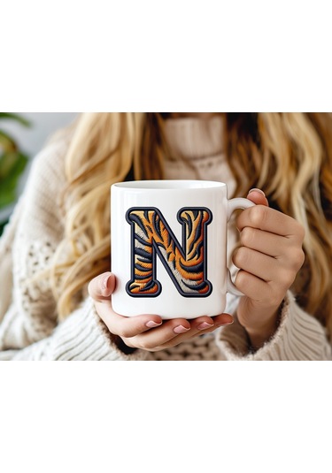 N Harfi Kaplan Figürlü Nakış Desenli Kupa Bardak - Kişiye Özel Vahşi Hayvan Desenli Kupa - Hediye Beyaz