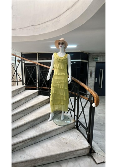 Italyan 2 Beden İnce Gösteren Kat Kat Sıfır Kol İpek Elbise-8769 Koyu Sarı