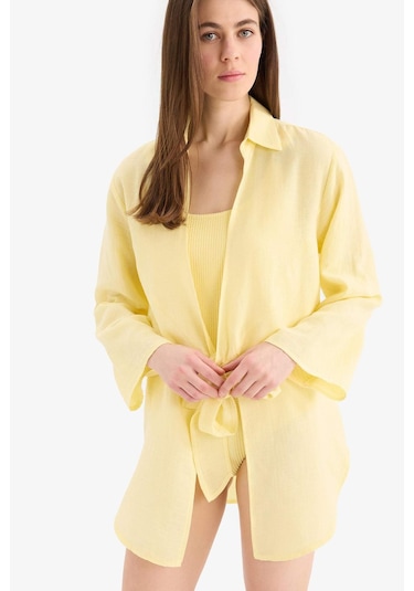 DeFacto Müslin Önden Bağlamalı Plaj Gömleği-Fall in Love B7333AX25SMYL271 Sarı
