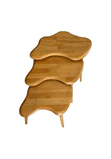 Fawdecor Asimetrik Masif Ahşap Zigon Sehpa Takımı 3'lü Set Meşe