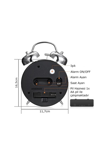 Valkyrie Akar Saniyeli Büyük Boy Nostaljik Analog Çalar Saat - Fosforlu Işıklı Alarmlı Yüksek Ses Hediyelik Saat Mavi