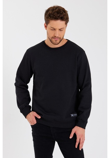 MMetalic Bisiklet Yaka Etiket Detayı İçi Pamuklu Erkek Sweatshirt Siyah