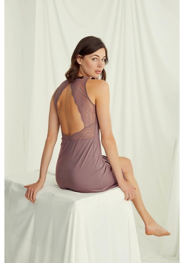 Monamise 18508 Kadın Kalın Askılı Sırt Dekolteli Yırtmaçlı Gecelik-kahve Kahve