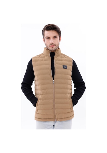 Erkek Nova Kumaş Şişme Yelek Hafif Dolgulu Fermuarlı Cepli Su İtici Rahat Kalıp Bej