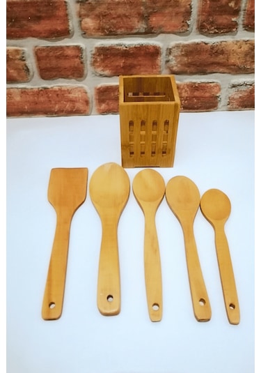 Kare Bambu Standlı - Ahşap Kaşık Spatula Servis Seti -6 Parça