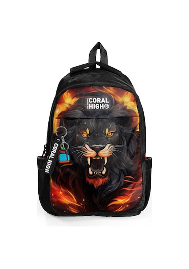 Coral High Kids Siyah Aslan Desenli Üç Bölmeli Okul Sırt Çantası 23671 Siyah