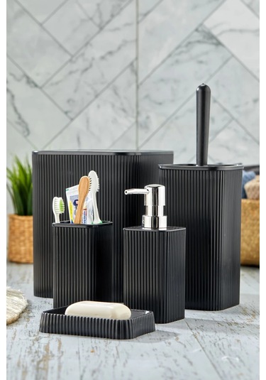 Line 5 Parça Kare Banyo Seti - Çöp Kovası Wc Fırçası Sıvı-katı Sabunluk Diş Fırçası Siyah