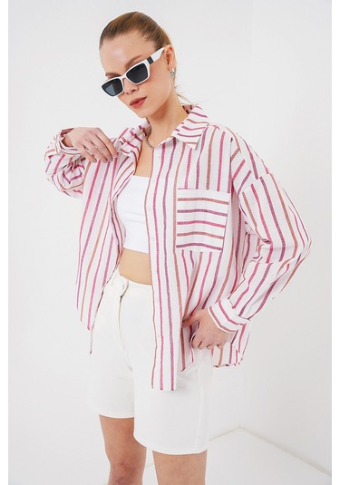 Kadın Çizgili Oversize Gömlek 20278 - Kırmızı Kırmızı