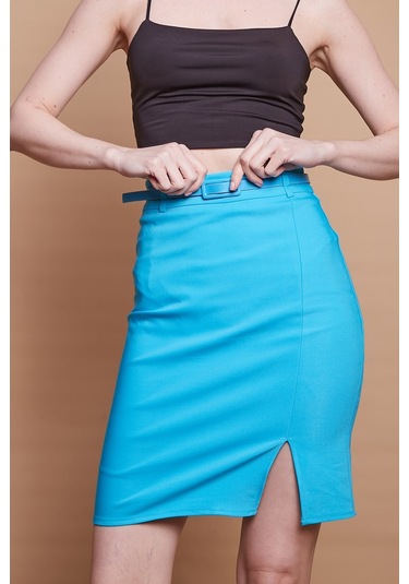 Astarlı Yüksek Bel Önden Yırtmaçlı Deri Kemerli Pamuklu Hafif Likralı Kumaş Kalem Etek Kemer Dahil -turkuaz - Turkuaz Astarlı Yüksek Bel Önden Yırtmaçlı Deri Kemerli Pamuklu Hafif Likralı Kumaş Kalem Etek Kemer Dahil -turkuaz - Turkuaz