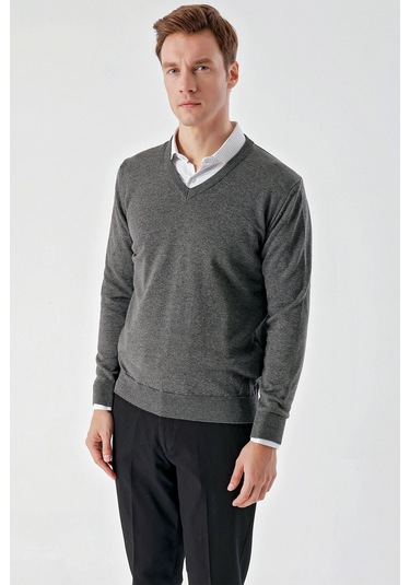 Morven Erkek Füme Basic V Yaka Dynamic Fit Rahat Kesim Triko Füme