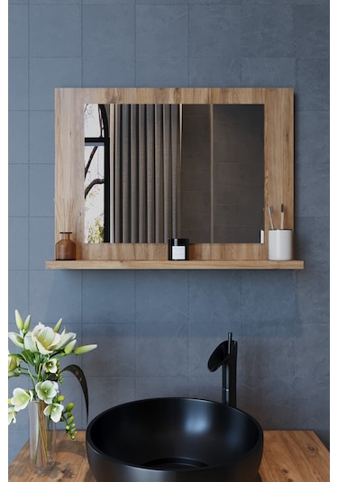 Makbulce Yakut Raflı Dresuar Banyo Aynası 60 x 45 Atlantik Çam Kahverengi