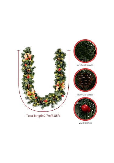 50 Led'li 8.8ft Noel Çelenk 8 Işık Modu Pille Çalışan Yeşil