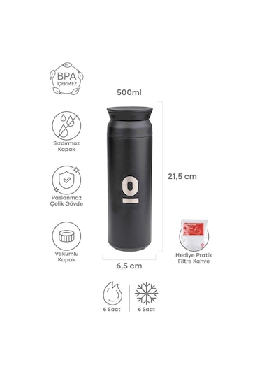 Paslanmaz Çelik Uzun Siyah Termos 500ML No:35
