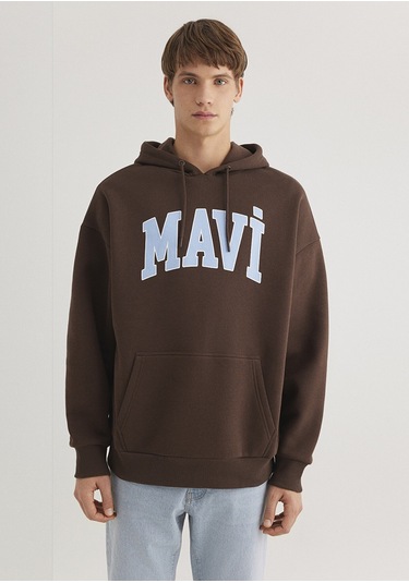 Mavi - Mavi Logo Baskılı Kapüşonlu Kahverengi Sweatshirt 067149-88067 Kahverengi