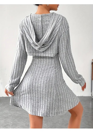 Kadın Uzun Kollu Kapüşonlu Ceket Üst Ve Askısız Kare Yaka A Kesim Şardonlu Kaşkorse Elbise Gri