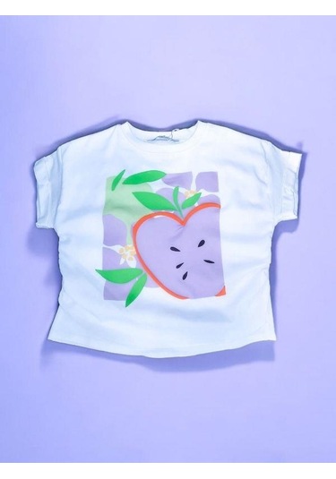 Kız Çocuk Pamuklu Elma Baskılı Bluz-14120 Ekru