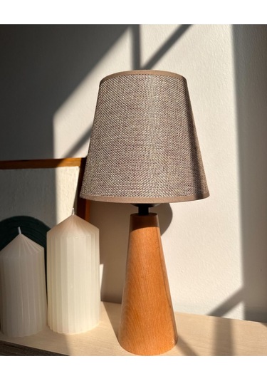 Bohem Ahşap Ayaklı Konik Abajur - Vizon Vizon