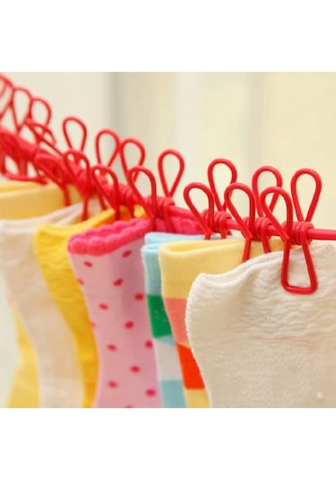 Pratik Evde Seyahatte Kampta Kullanılabilen 12 Mandallı Çamaşır Kurutmalık İpi Çok Renkli