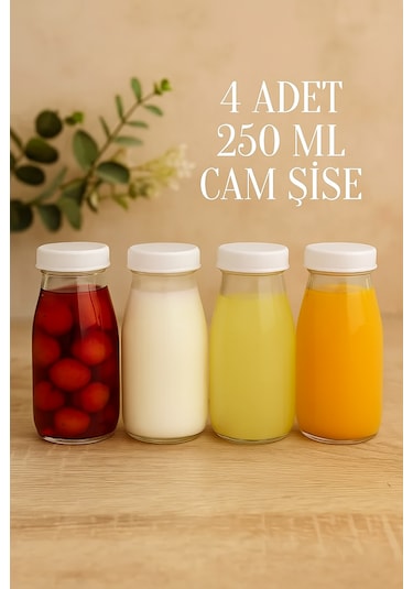 4 Adet Beyaz Plastik Kapaklı 250 Ml Şeffaf Sürahi Süt, Ayran, Su, Limonata, Meşrubat Şişesi Cam Şişe
