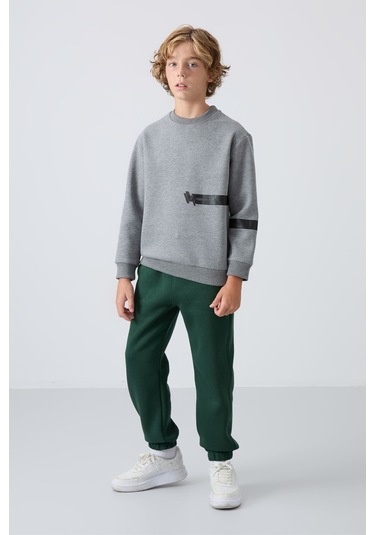 Gri Melanj Pamuklu Kalın İçi Tüylü Yumuşak Dokulu Standart Fit Baskılı Erkek Çocuk Sweatshirt - 11238 Gri Melanj