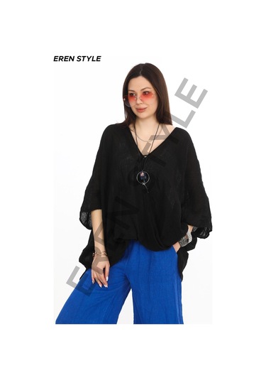 Bohem Kuruvaze Tek Düğmeli Keten Bluz-9884 Siyah