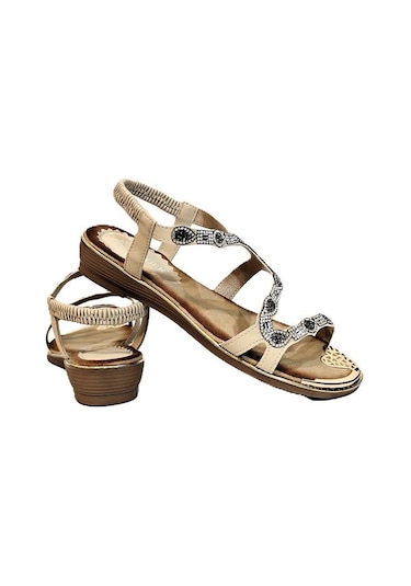 Voyager B160 Bej Taşlı Lastikli Şık Kaymaz Bayan Sandalet Bej