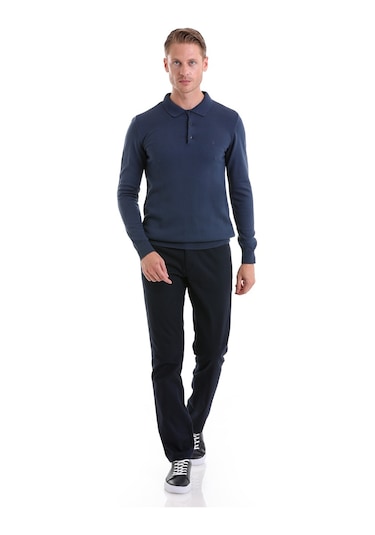 Hatemoğlu İndigo Regular Fit Düz Polo Yaka Triko Kazak İndigo