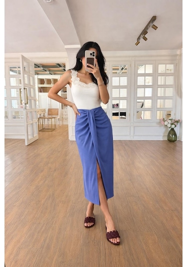 Lijuri Drape Detaylı Anvelop Etek 4089 İndigo
