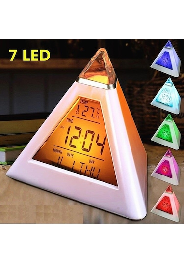 UpWay 7 Renkli Piramit Şekilli Dijital Led Çalar Saat Alarm Termo
