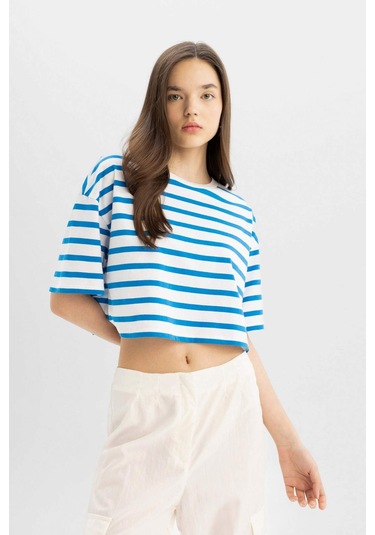 Defacto Coool Fitted Çizgili Kısa Kollu Tişört A9046AX24SMBE439 Mavi