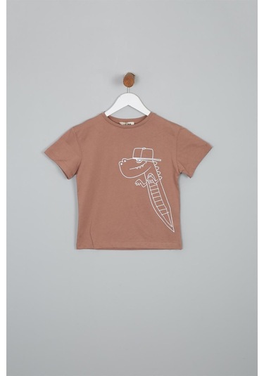 Luess Dinazor Baskılı Regular Fit Kısa Kollu Erkek Çocuk Tişört Kahverengi