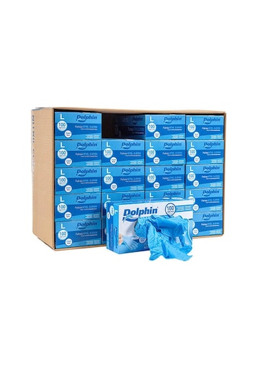 Dolphin Tek Kullanımlık Lateks Mavi Pudrasız Nitril Muayne Eldiveni Large Büyük Boy 100'lü 20 Paket